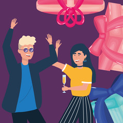 happy birthday, couple with gift boxes and drink celebration party event decoration