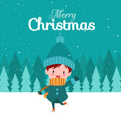 Fototapeta na wymiar Merry Christmas with Cute Kawaii Hand Drawn Boys Or Kids Wearing Winter Costume And Ice Skating With Smiling Face. Cartoon. Vector. Illustration. Background. Greeting. Invitation. Postcard