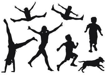 Vector silhouettes of children playing outside.
