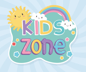 kids zone, colorful letters sun rainbow clouds cartoon