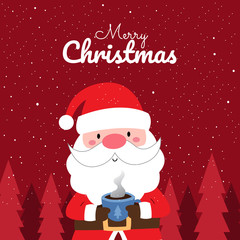 Merry Christmas with Cute Kawaii Hand Drawn Santa Claus Holding Hot Coffee in Blue Glass With Smiling Face. Cartoon. Vector. Illustration. Flat Design. Background. Greeting. Invitation. Postcard