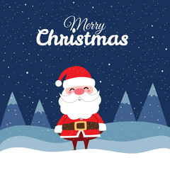 Merry Christmas with Cute Kawaii Hand Drawn Santa Claus With Smiling And Funny Face. Cartoon. Vector. Character. Illustration. Flat Design. Background. Greeting. Invitation. Postcard. Banner. EPS 10