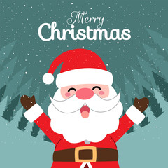 Merry Christmas with Cute Kawaii Hand Drawn Santa Claus With Smiling And Funny Face. Cartoon. Vector. Character. Illustration. Flat Design. Background. Greeting. Invitation. Postcard. Banner. EPS 10