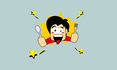 Hungry man Cartoon Mascot Character Holding A Knife and Fork. Vector Illustration Isolated On blue Background