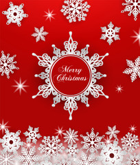 christmas greeting card with snowflakes on red background