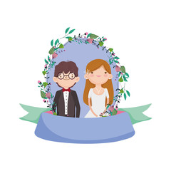 wedding couple, groom and bride cartoon flowers frame decoration