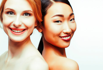 different nation woman: african-american, caucasian, asian together isolated on white background happy smiling, diverse type on skin, lifestyle people concept
