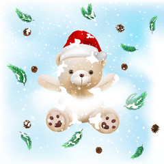 Funny Christmas Greeting Card, With teddy bear on snow, vector illustration.