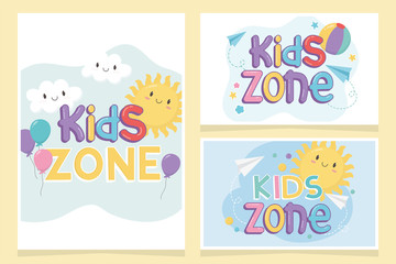 Fototapeta na wymiar kids zone, colorful sun clouds ball balloons paper plane cards