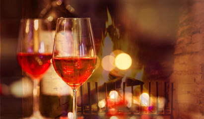 Wine and cozy warm fireplace.