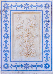 A floral design in marble at the Amber Fort in Rajasthan, India.