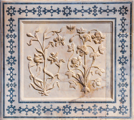 A floral design in marble at the Amber Fort in Rajasthan, India.