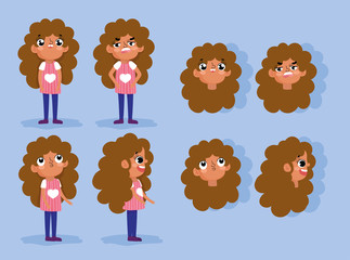 cartoon character animation girl faces with gestures and different posture bodies