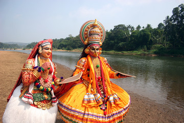 Kadhakali, a rare perfoming folk dance of Kerala state ,on the banks of Pampa river - obrazy, fototapety, plakaty