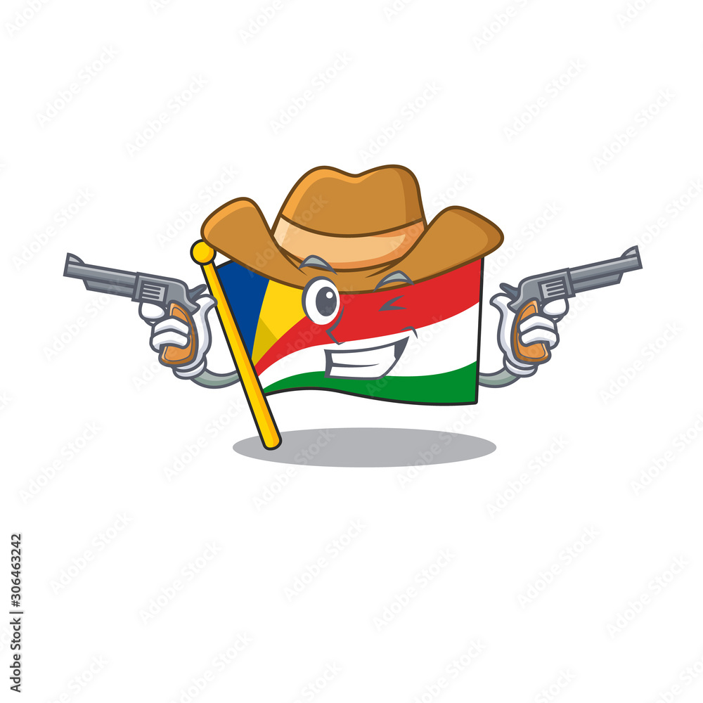 Wall mural Flag seychelles cartoon character as a Cowboy holding guns