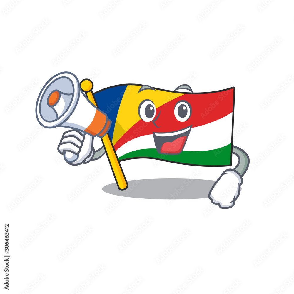 Sticker Funny cartoon style of flag seychelles with megaphone