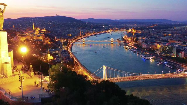 Budapest city panorama at dusk from Gellert Hill