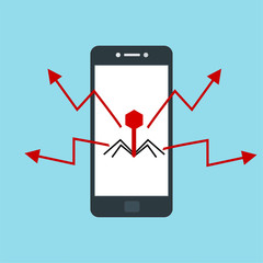 Danger virus on a smartphone. hacking spyware. smartphone security alert icon. flat vector illustration