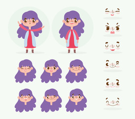 Fototapeta na wymiar cartoon character animation little girl with purple hair and face emotions