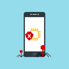 Hacking phishing attack. Flat vector illustration of Virus notification on the smartphone and hack protection system for web banners, web sites, printed materials, etc.