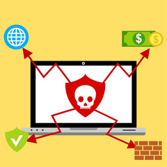 Virus notification on notebook screen. Malware attack laptop pc, computer viruses or piracy fraud hacking secure, trojan virus notification. Internet spam or blackmail threat alert vector concept