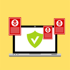 Laptop virus alert. Malware trojan notification on computer screen. Hacker attack and insecure internet connection vector concept. Illustration of internet virus malware