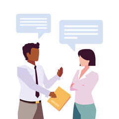 business couple with speech bubble on white background