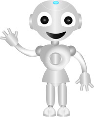 3d style illustration of a robot logo mascot says hello smile