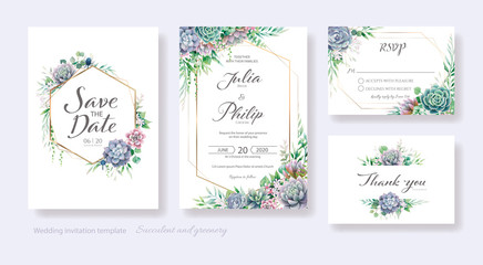 Fototapeta na wymiar Greenery, succulent and branches Wedding Invitation card, save the date, thank you, rsvp template. Vector.