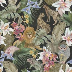 Watercolor painting seamless pattern with beautiful tropical flowers and african animals: lion, cheetah, monkey, iguana