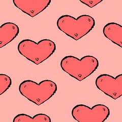 Red valentine's day hearts on a pink background. Seamless pattern.