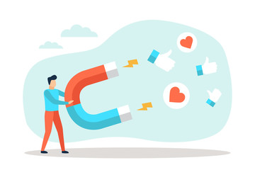 Businessman attract social media like symbols with a large magnet