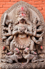 A sculpture of the Hindu god Shiva in his ferocious Bhairava form, in Bhaktapur, Nepal.