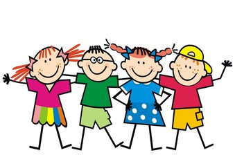 Four happy kids, girls and boys, funny color vector illustration on white background.