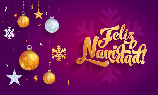 Feliz Navidad - Merry christmas in spanish language purple banner template glitter gold elements, snowflakes, stars and calligraphy