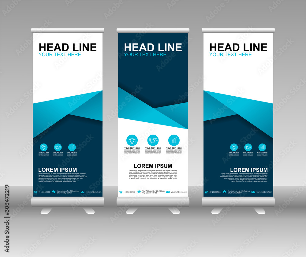 Poster blue roll up banner stand. vertical vector template design. modern flag banner design with abstract 