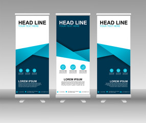 Blue Roll up banner stand. Vertical Vector template design. Modern Flag Banner Design with abstract background can be used for Annual Report, Cover, Flyer, Magazine, Presentation, Poster, Website