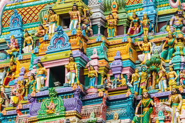 Fototapeta na wymiar Closeup details on the tower of a Hindu Temple dedicated to Lord Shiva in Colombo, Sri Lanka.