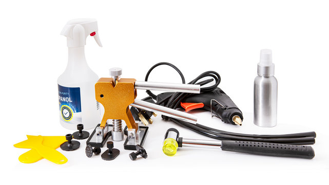 SWINDON, UK - NOVEMBER 27, 2019:  Paintless Dent Repair PDR Repair Tools On A White Background