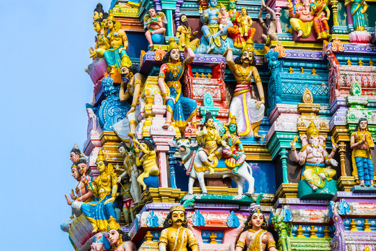 Closeup details on the tower of a Hindu Temple dedicated to Lord Shiva in Colombo, Sri Lanka.