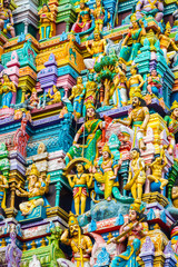 Closeup details on the tower of a Hindu Temple dedicated to Lord Shiva in Colombo, Sri Lanka.