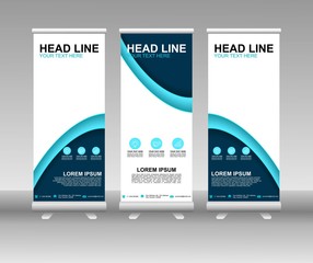 Blue Roll up banner stand. Vertical Vector template design. Modern Flag Banner Design with abstract background can be used for Annual Report, Cover, Flyer, Magazine, Presentation, Poster, Website