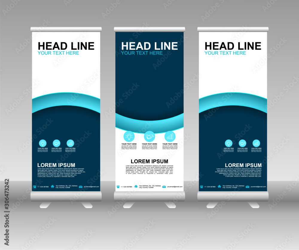 Poster blue roll up banner stand. vertical vector template design. modern flag banner design with abstract 