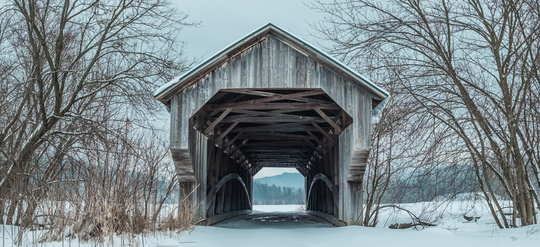 Covered Bridge during winter, Vermont, USA.