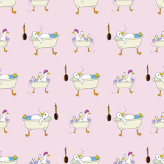 Ducks relaxing in a tub, funny repeat vector pattern on a pink background surface pattern design