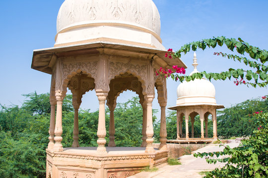 A couple of sandstone Gazebos intricately carved at Kusuma Sarovara in Vrindavan, UP, India