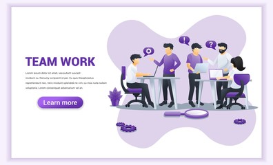 Team work concept design with people work on table. Business leadership, cooperation, partnership, team metaphor, team work symbol. Flat vector illustration