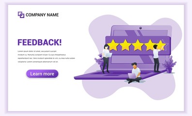 People giving five stars rating, positive feedback, satisfaction and evaluation on giant laptop. Can use for web banner, landing page. Vector illustration