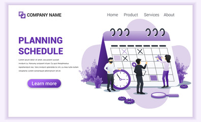 Planning Schedule concept. People filling out the schedule on giant calendar, work planning, work in progress. Can use for web banner, landing page, infographics. Flat vector illustration