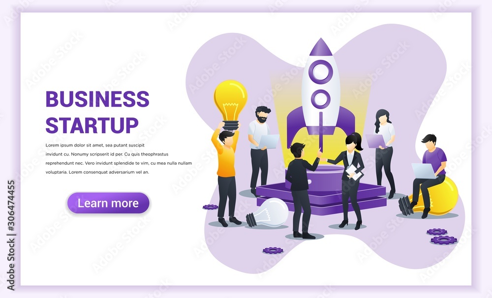 Poster business start up project concept. people working on rocket and getting ready for a launch startup. 